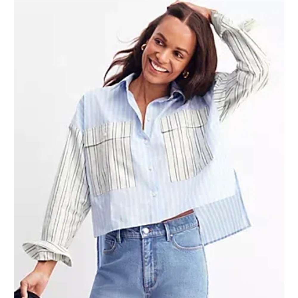 Ann Taylor Weekend Blue Mixed Stripe Cotton Button Down Shirt XXL Oversized